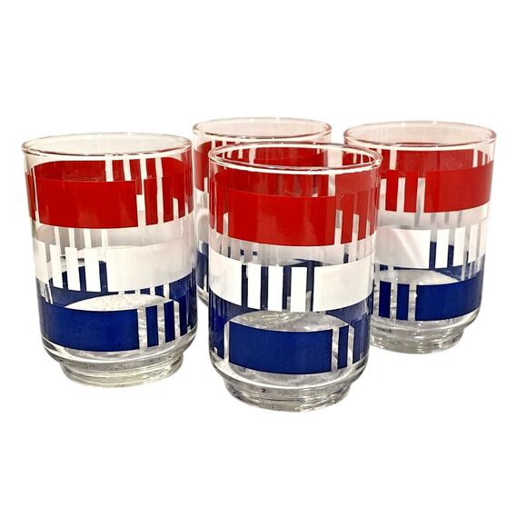 Vintage Libbey Glasses (4) Red White & Blue Americana Mod Stripes Patriotic Set - Picture 9 of 9